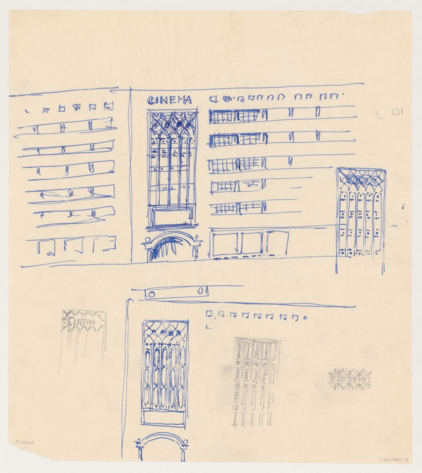 Sketch elevation and details for exterior ornament for a model for a cinema for the reconstruction of the Hofplein (city centre), Rotterdam, Netherlands