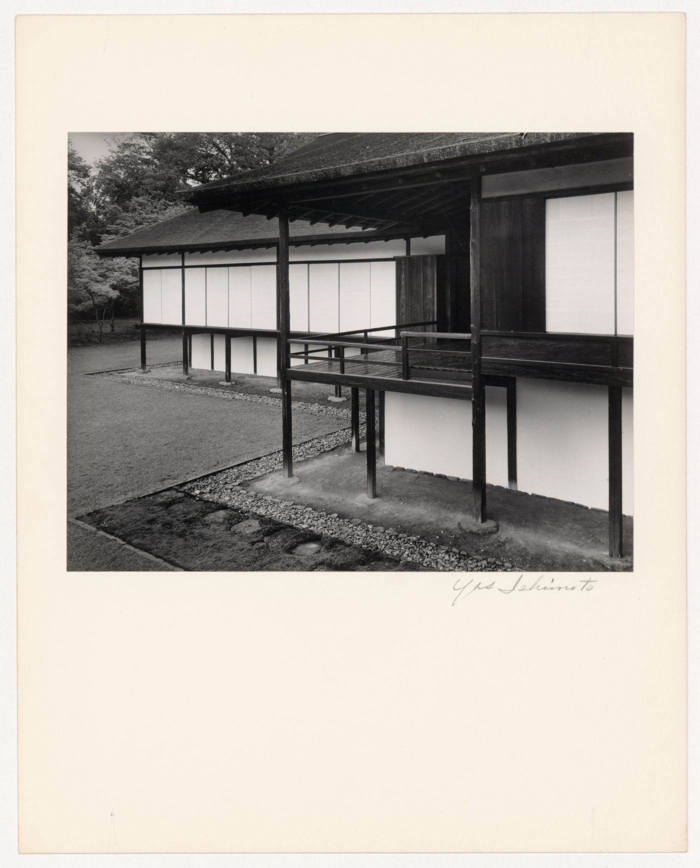 Partial view of the Music Room showing the veranda of the Music Room with the New Palace (also known as the New Goten) in the background, Katsura Rikyu (also known as Katsura Imperial Villa), Kyoto, Japan