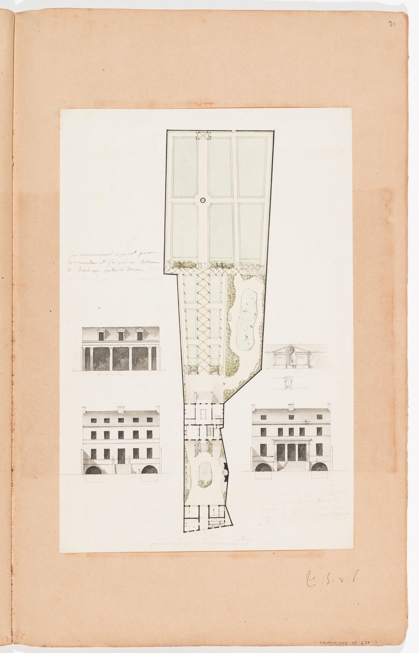 Site plan and elevations for a country house with a large garden; verso: Elevation and plans for a country house with a large garden
