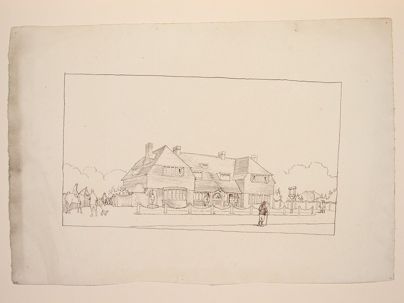 Perspectival view showing a large building set in the countryside, possibly a clubhouse