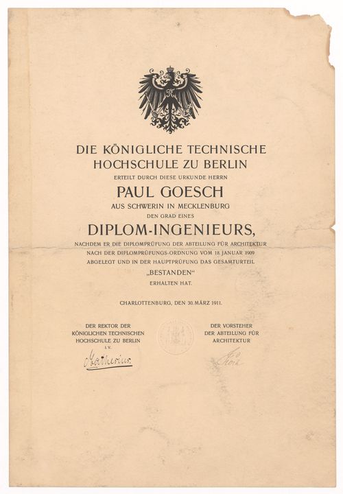 Paul Goesch's diploma from the Königliche Technische Hochschule in Berlin