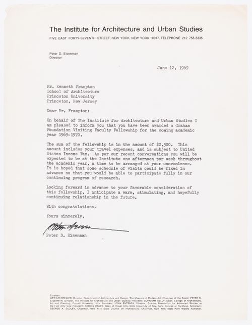 Letter from Peter D. Eisenman to Kenneth Frampton about awarded a research fellowship