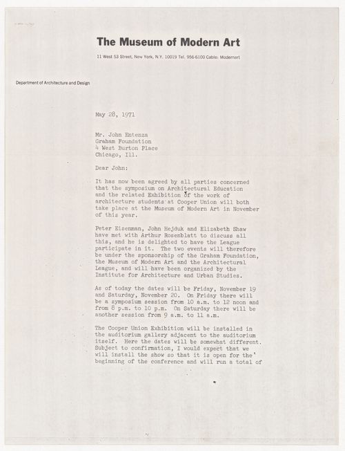 Letter from Arthur Drexler to John Entenza about sponsorship of symposium at The Museum of Modern Art (MOMA)