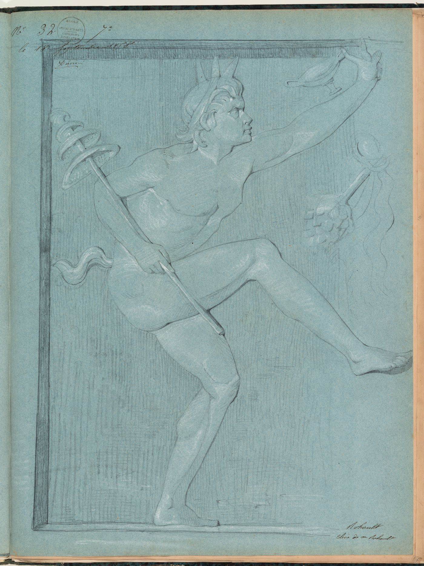 Concours d'émulation entry, 18 September 1858: Study of a satyr figure, probably from a frieze or metope