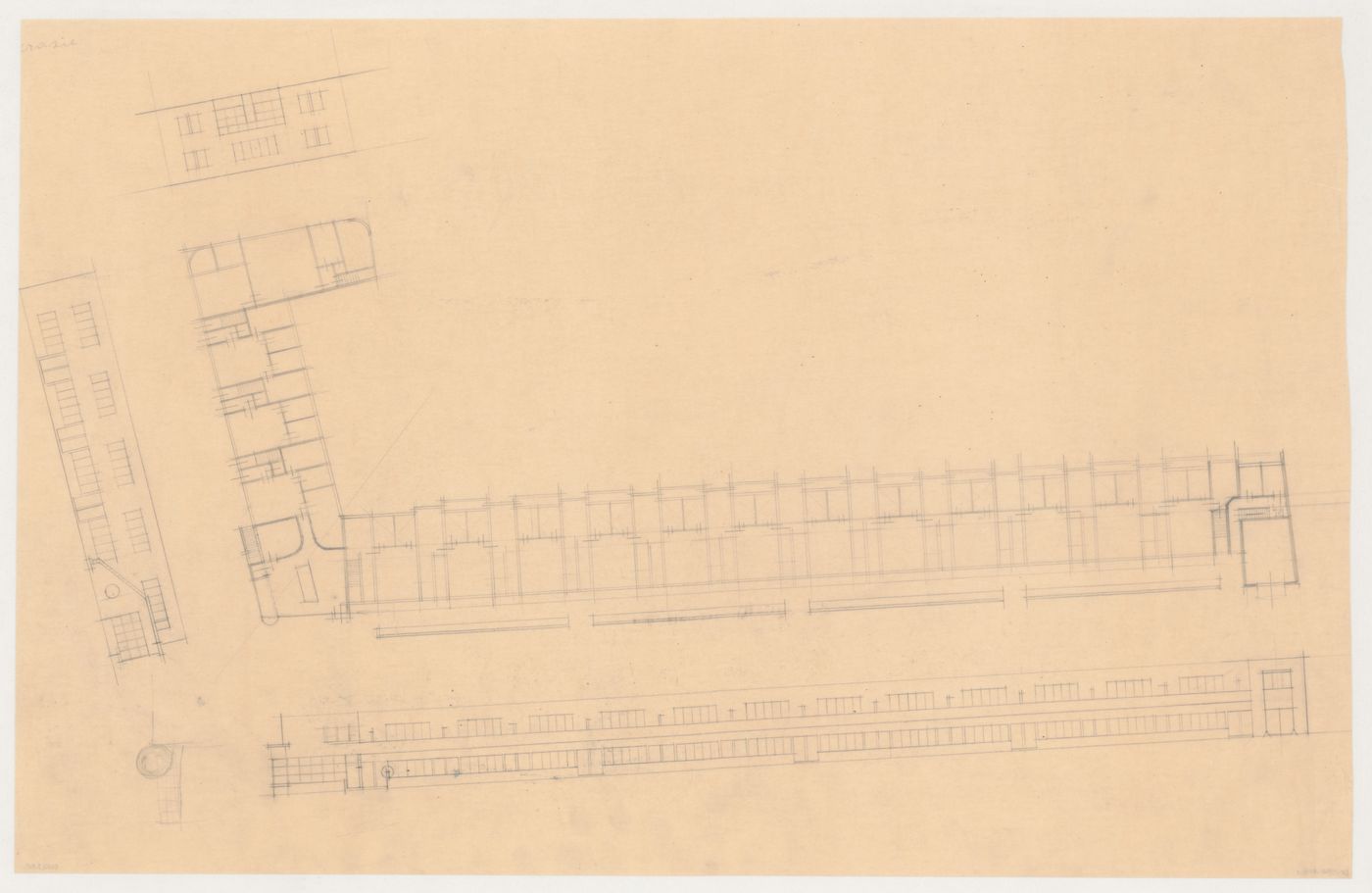 Plan and principal, lateral and rear elevations for industrial row houses, Hoek van Holland, Netherlands