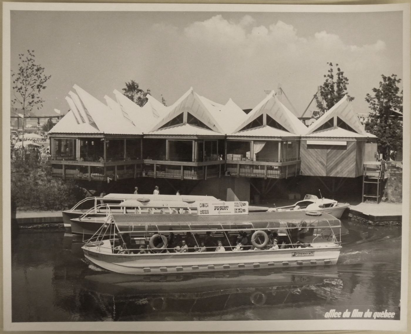 View of vaporettos with an unidentified building, Expo 67, Montréal, Québec