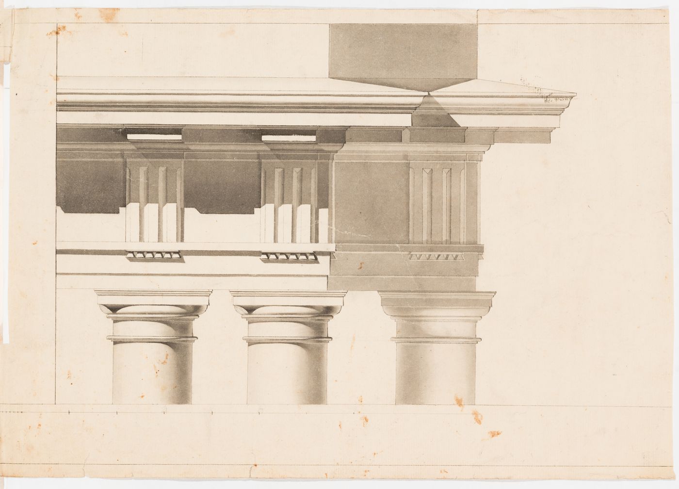Partial elevation of a shaft, column and entablature of a building combining elements of the Tuscan and Doric orders, and a profile of the pedestal base of Trajan's Column, Rome
