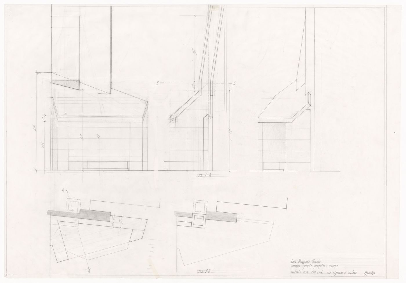 Fireplace sections, plans, and elevations for Casa Miggiano, Otranto, Italy