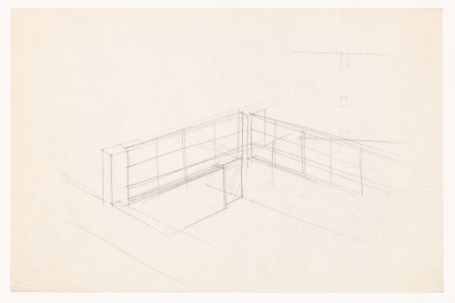 Bird's-eye perspective sketch for a court for the Gymnasium, with sketch, possibly a partial plan