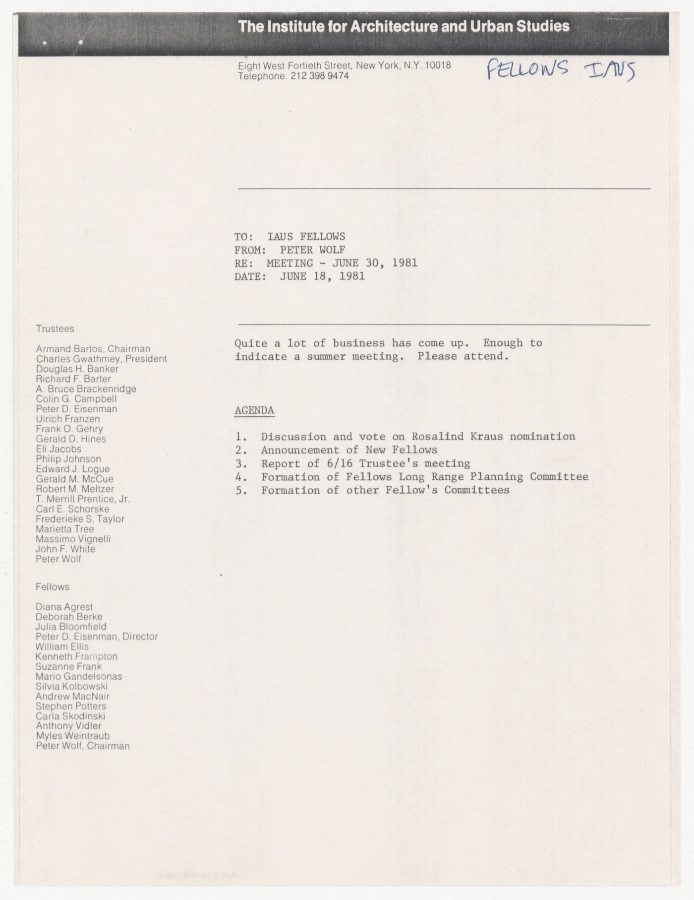 Memorandum from Peter Wolf to the Fellows about a summer meeting on June 30th 1981 with meeting agenda