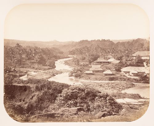 View of a bridge, a river and a village, near Buitenzorg (now Bogor), Dutch East Indies (now Indonesia)