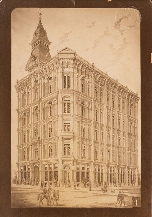 Photograph of a rendering of or for the principal and lateral façades of Wright's Block, Winnipeg, Manitoba, Canada