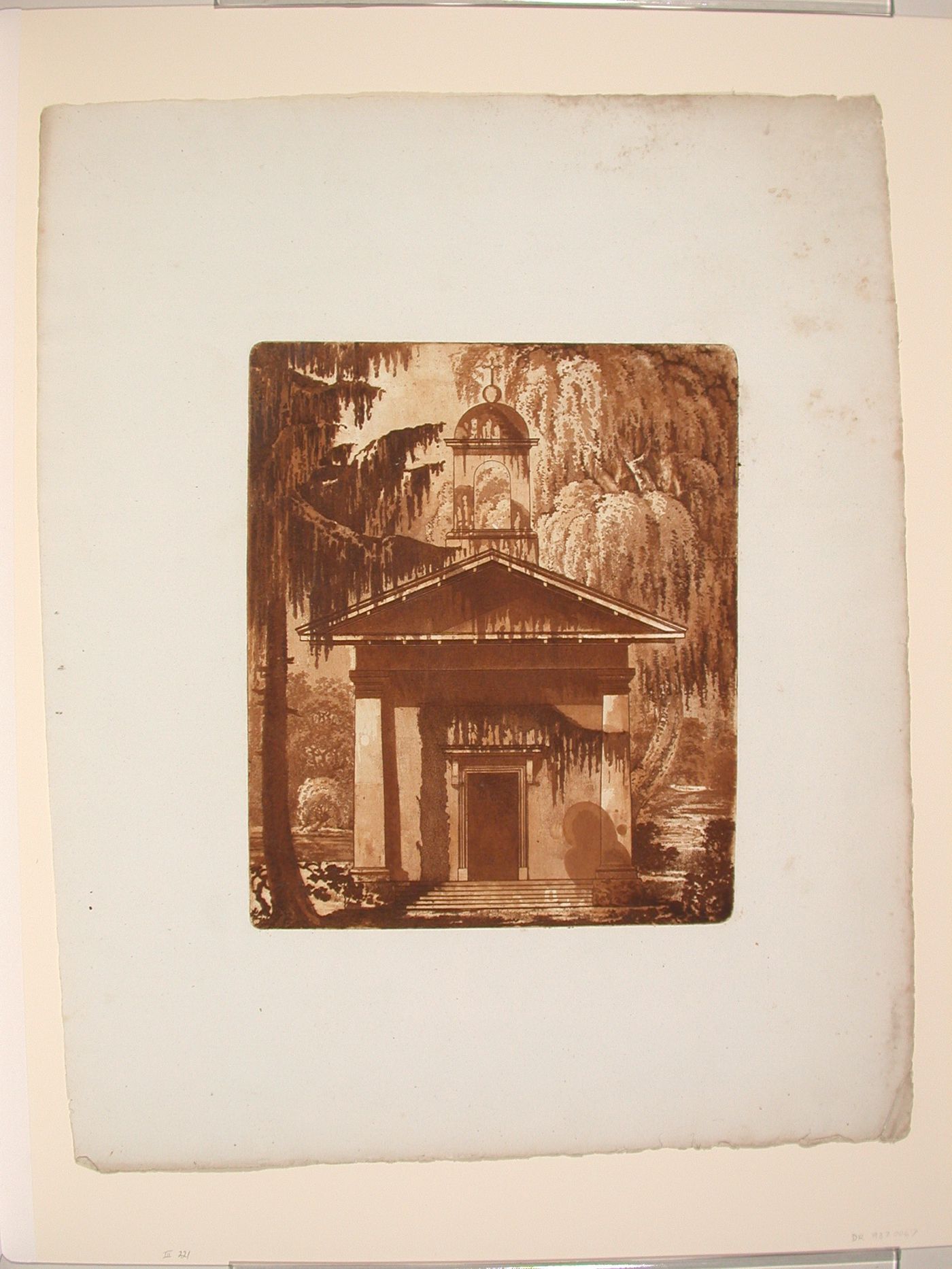 Front elevation of a mausoleum in a wooded setting