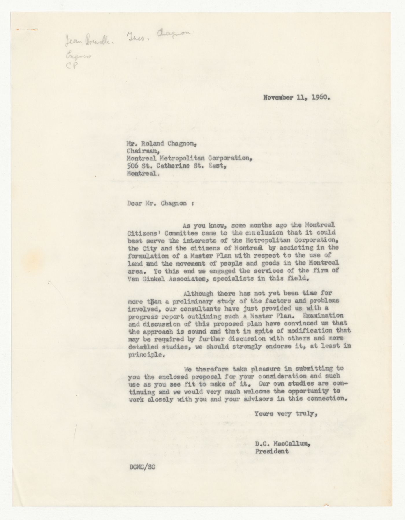 Letter from D. C. MacCollum to Roland Chagnon about Central Area Circulation, Montreal