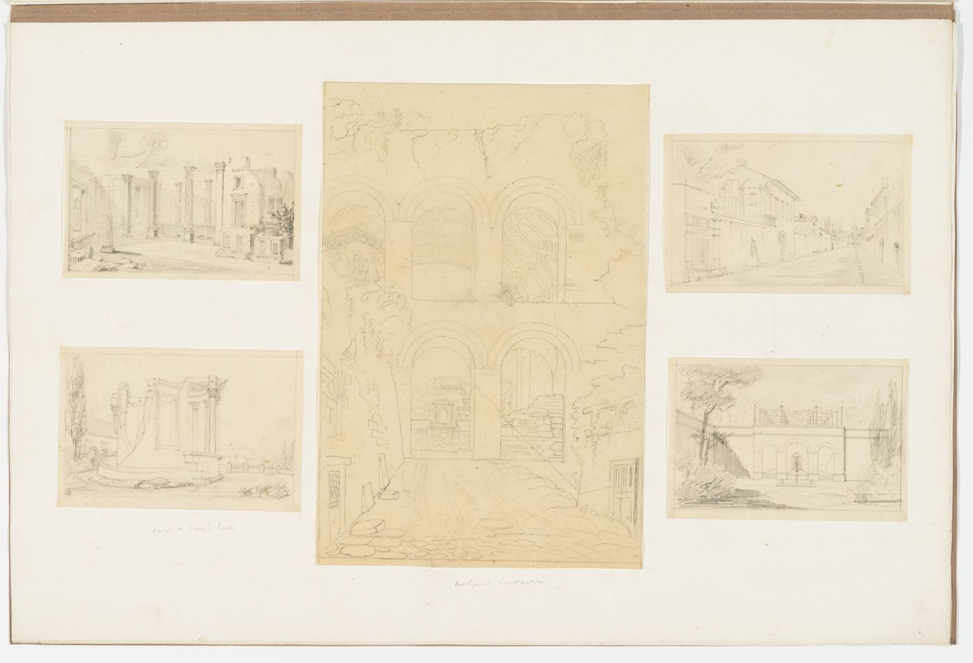 View of the Basilica of Constantine, Rome; View of the Temple of the Sibyl, Tivoli; Three view of unidentified subjects