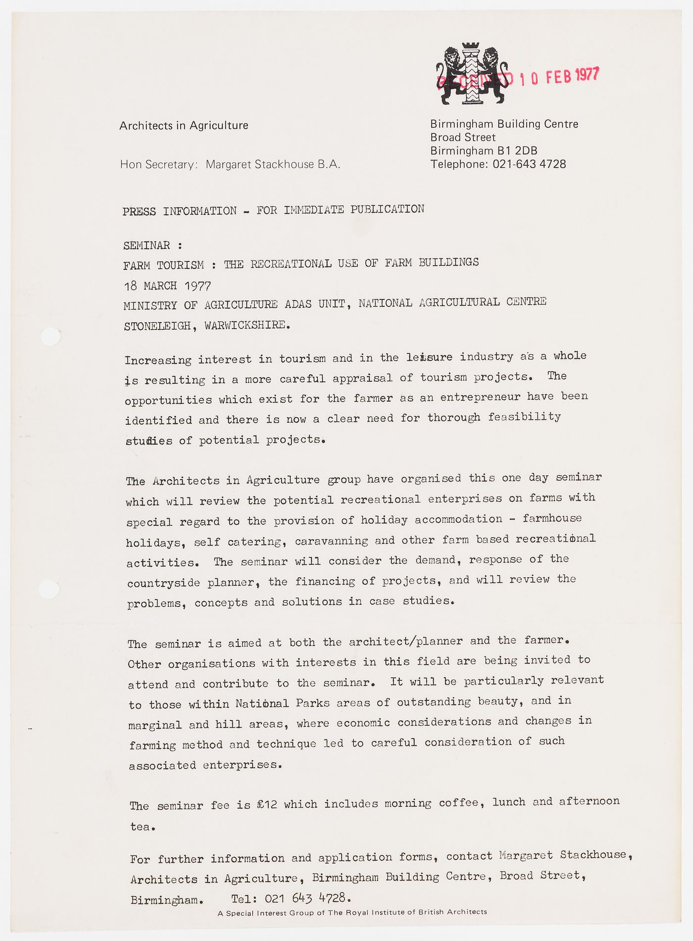 Press release about the seminar "Farm Tourism, the Recreational Use of Farm Buildings", scheduled for 18 March 1977 (from the Westpen project records)