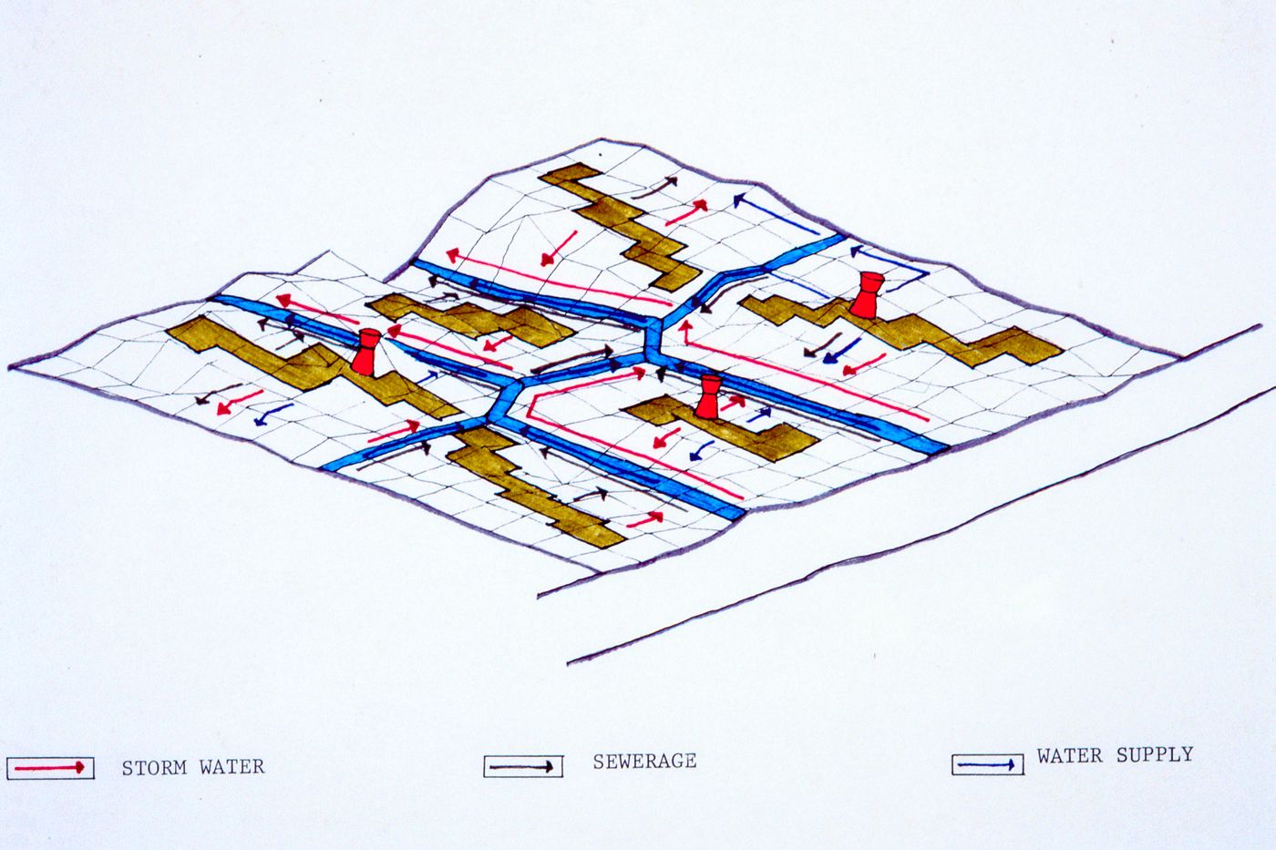 Site plan showing ground level and sewage and drainage systems used for the Human Settlement Training Package "Package 2: Affordable Urban Design"