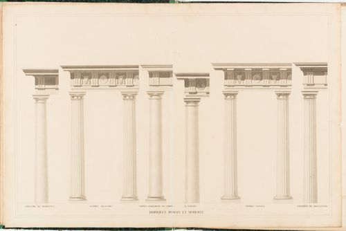 Elevations of columns and entablatures from six Doric buildings: the Theatre of Marcellus and the Terme di Diocleziano, Rome, a building at Albano, and examples after Palladio, Delorme, and Vignola