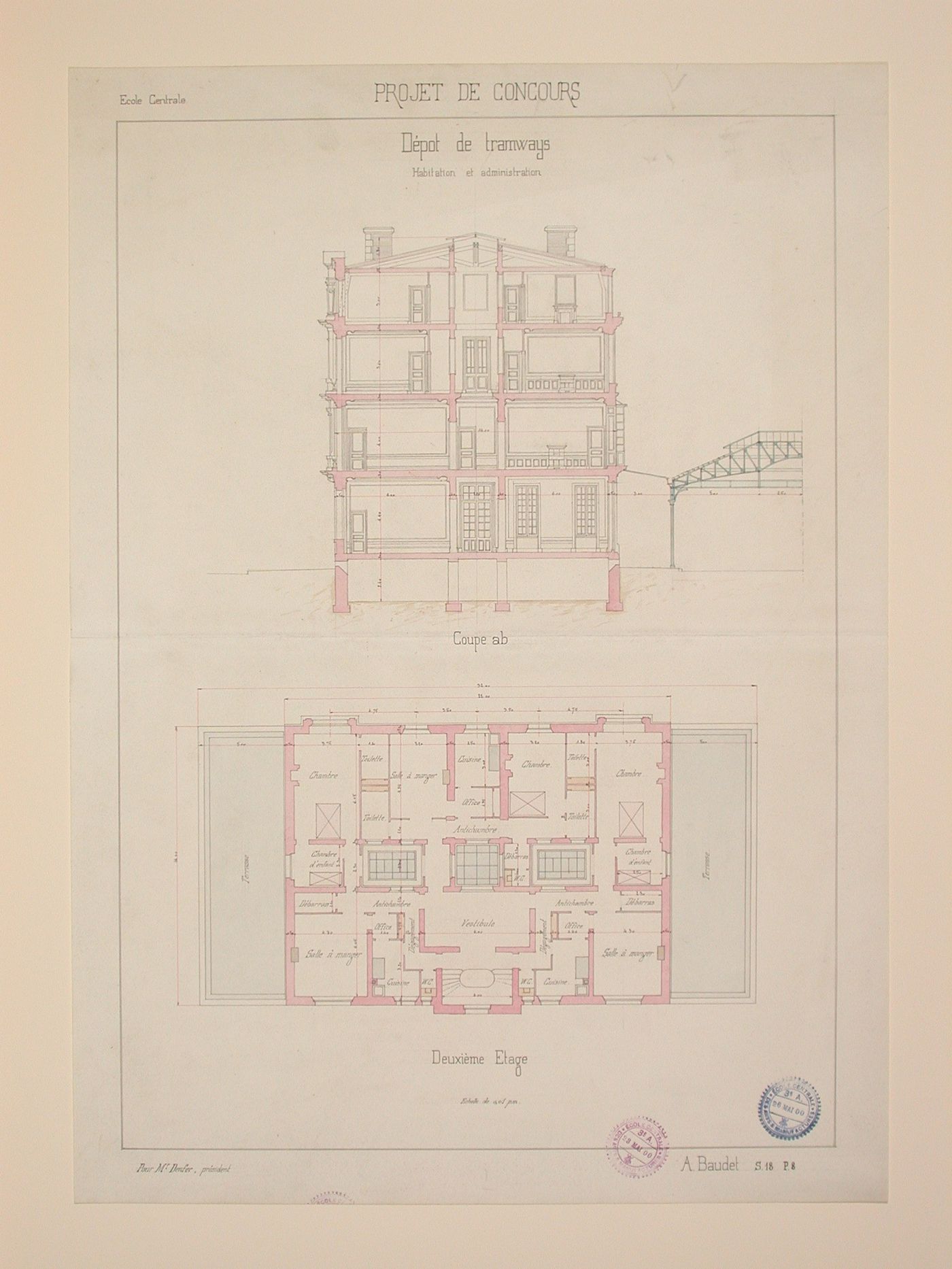 Student engineering drawing: second floor section of a residential and administrative building for a tramway depot competition