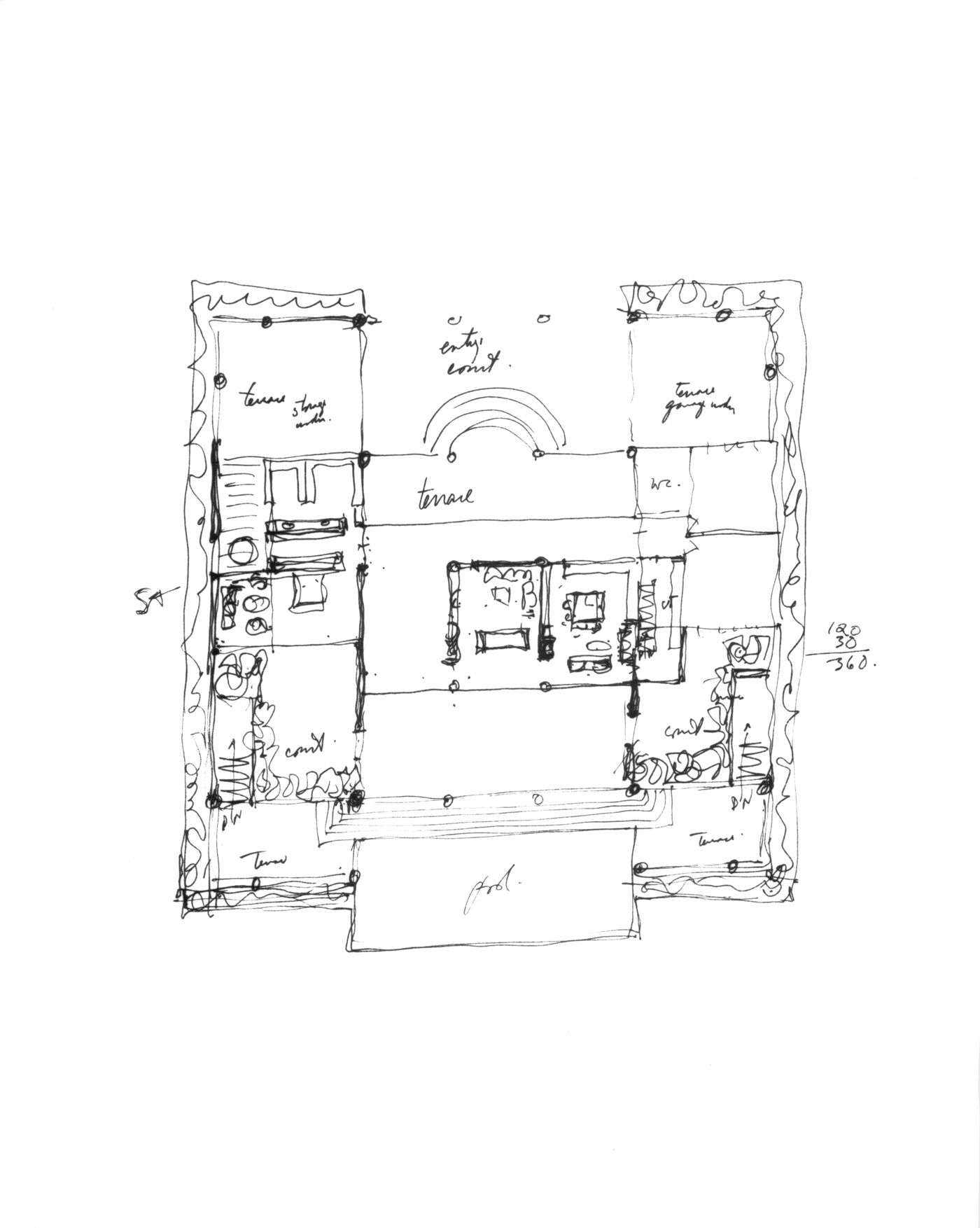 Advanced annotated ground floor plan, early ground plan study showing column disposition