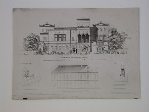 Photograph of a rendering of the Zivil Kabinettshaus showing the old and new north façades with detailed drawings of roof structures on the lower right and left, Potsdam, Germany