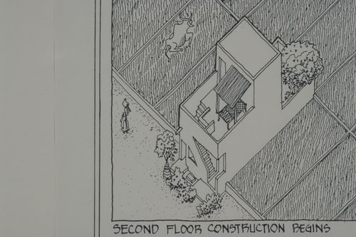 Axonometric view of house second early construction for the Aranya Housing Project, Indore, India