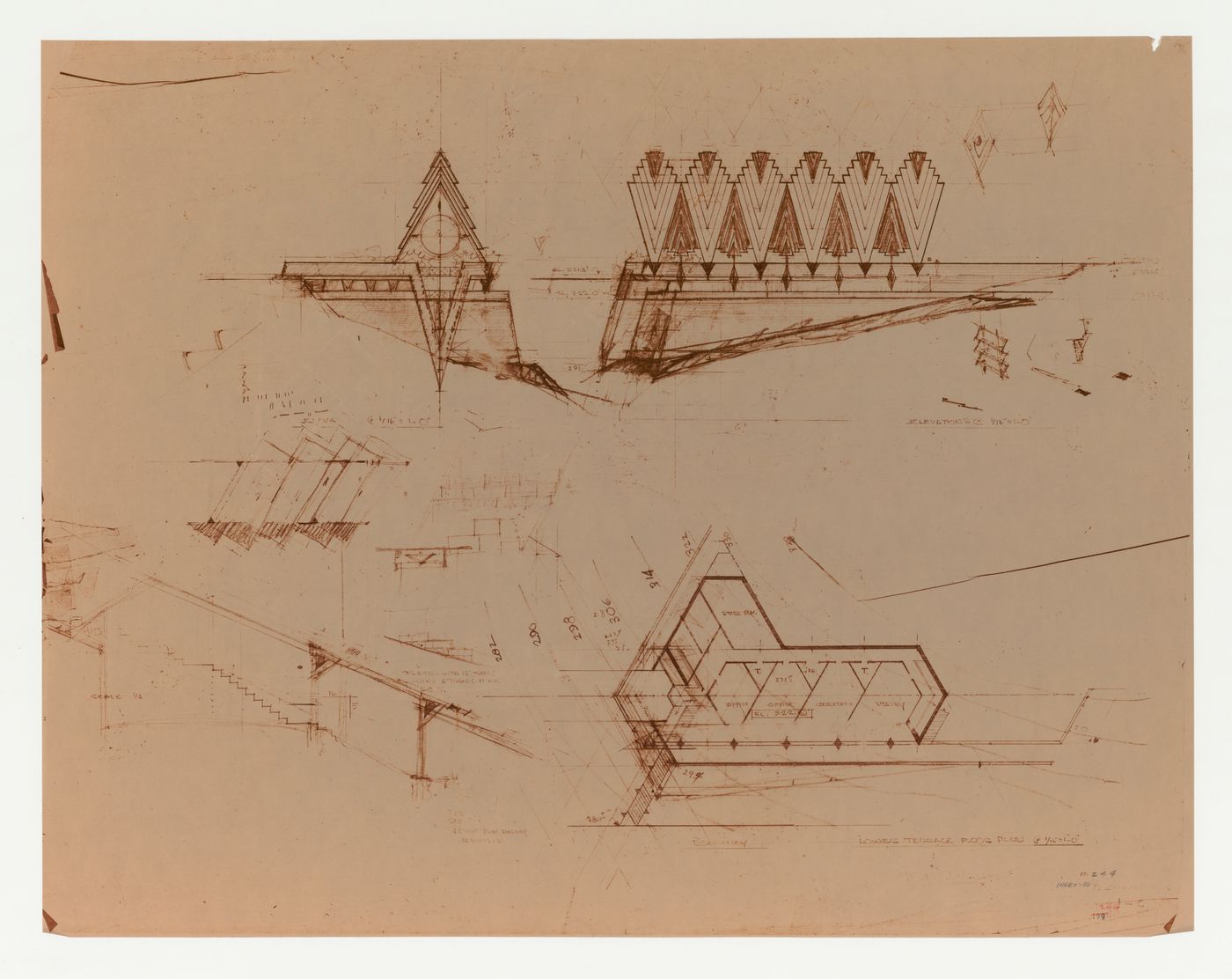 Swedenborg Memorial Chapel, El Cerrito, California: Elevations, plans, and section for the chapel and covered walkway