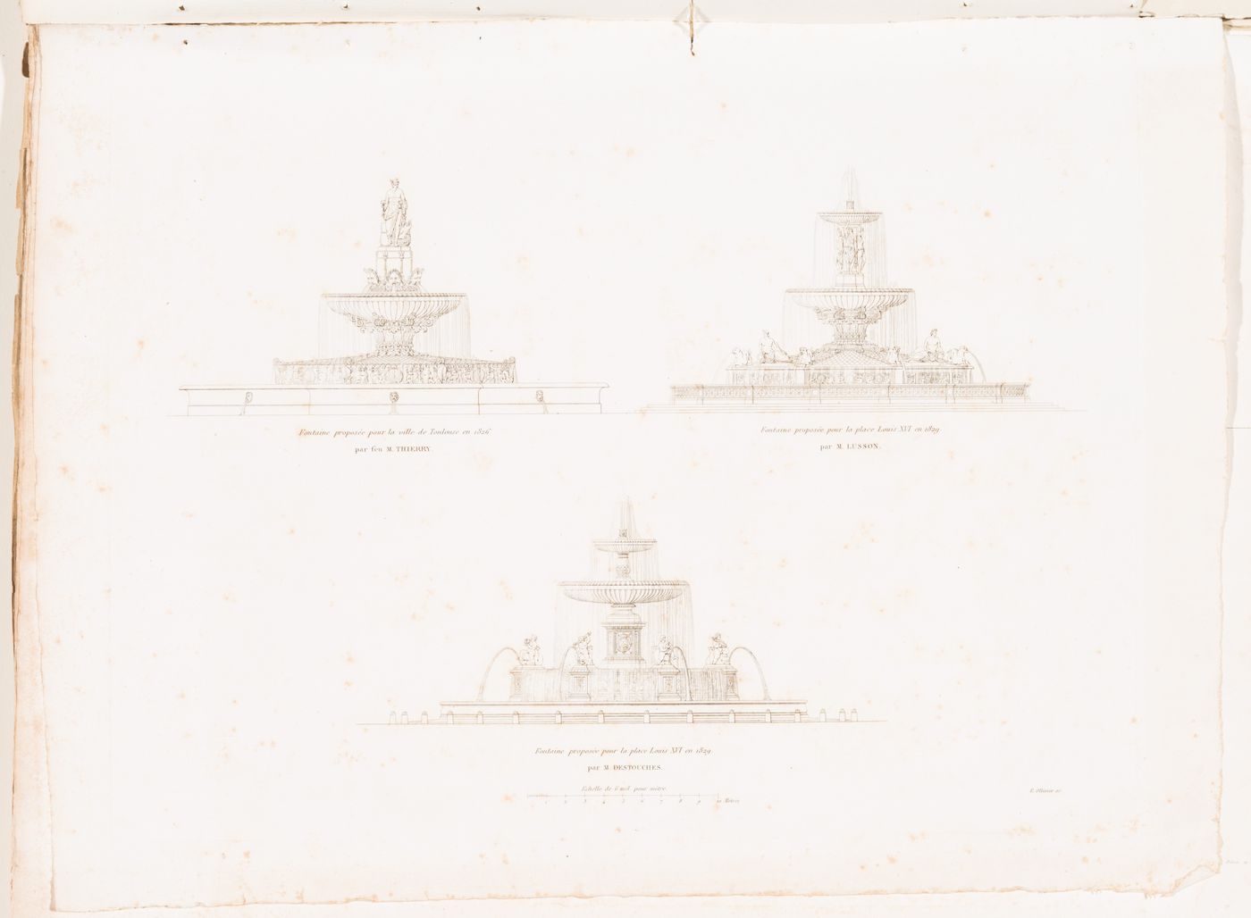 Elevation for a fountain for the city of Toulouse by Thierry and elevations for fountains for place Louis XV by Lusson and by Destouches