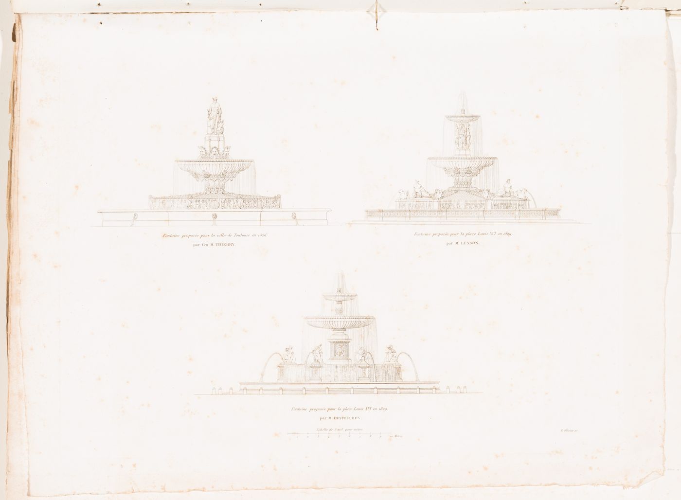 Elevation for a fountain for the city of Toulouse by Thierry and elevations for fountains for place Louis XV by Lusson and by Destouches