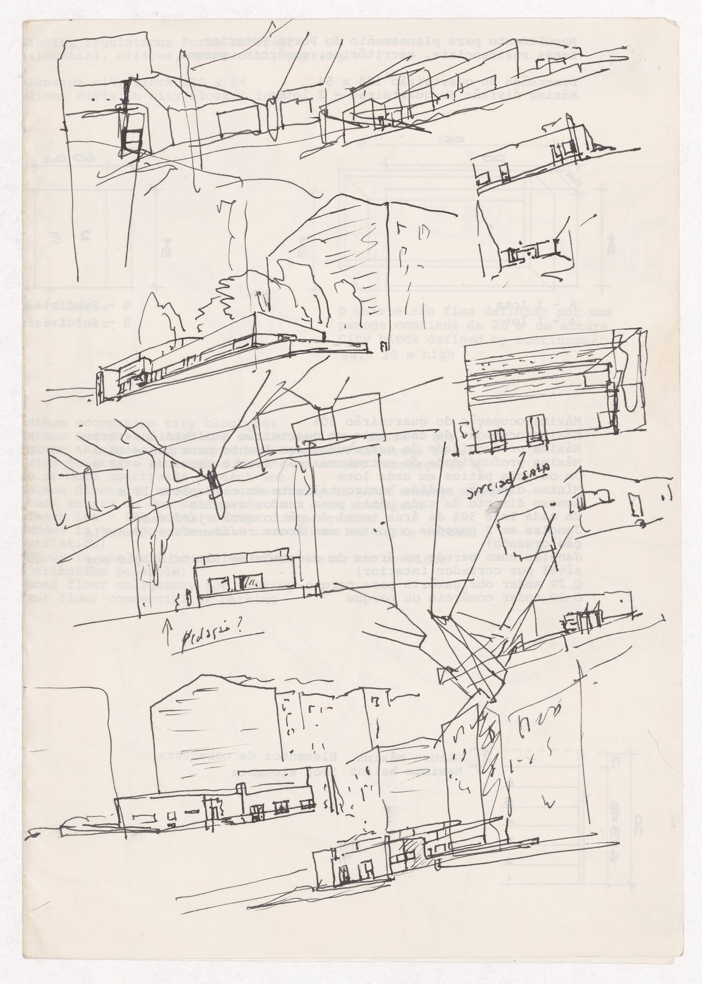 Sketch perspectives for Senior Club Anziani, Blocke 121, Berlin, Germany; verso: unrelated document