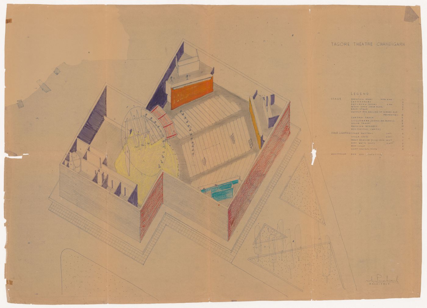 Axonometric section for Tagore Theatre, Chandigarh, India