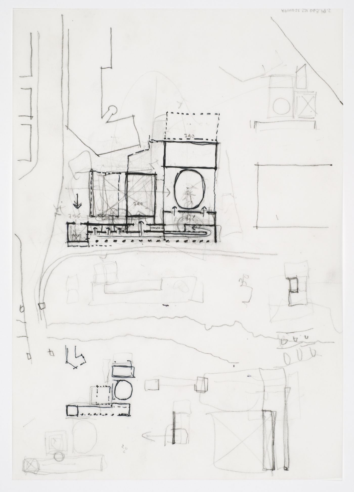 Center for Theatre Arts, Cornell University, Ithaca, New York: site plan and sketches