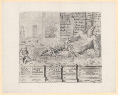 Perspective of the statue of Marforio in front of a building, Rome, with inscribed stone markers in the foreground