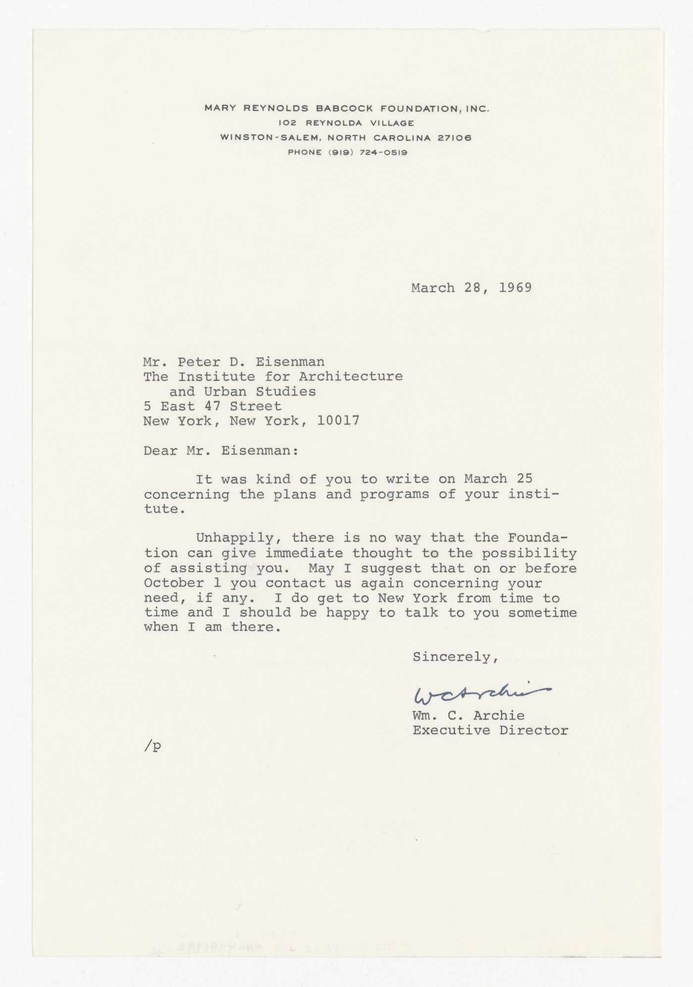 Letter from William C. Archie to Peter D. Eisenman responding to a donation request made by Eisenman with attached copy of original letter