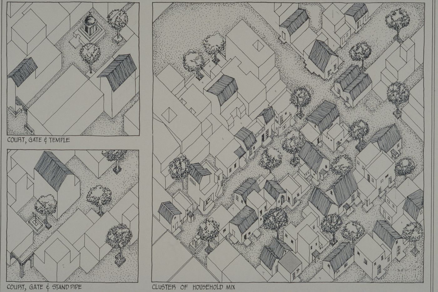 Axonometric view showing shared spaces and mix houses types for the Aranya Housing Project, Indore, India