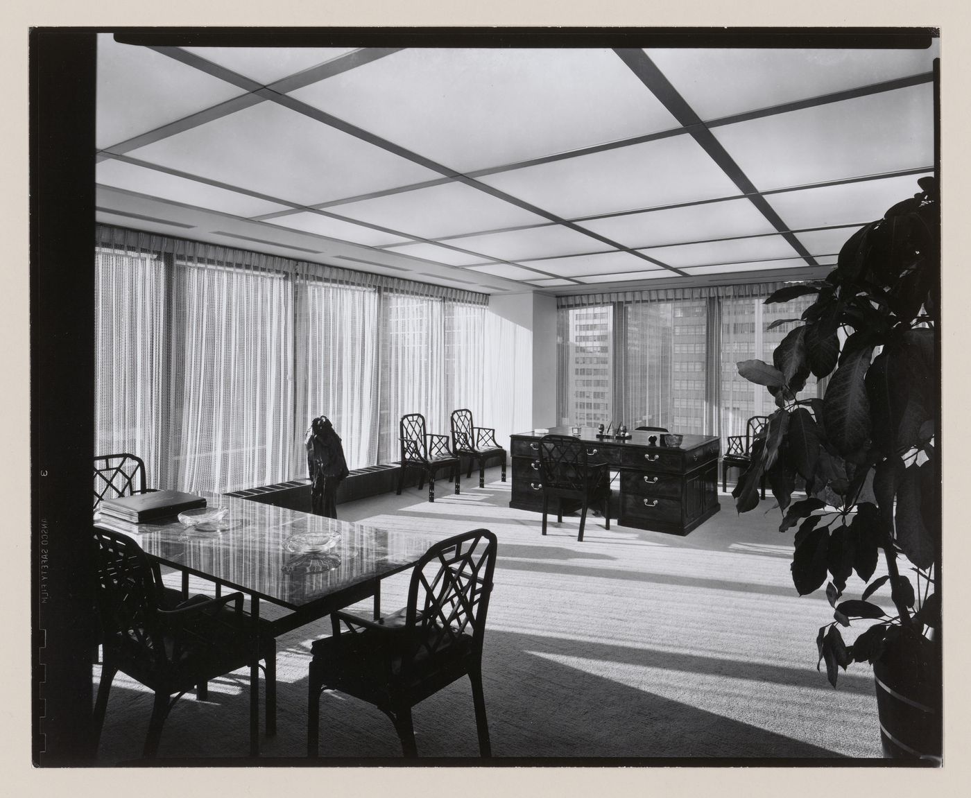 Interior view of a furnished office in the Seagram Building showing the recessed light fixtures designed by Richard Kelly, New York City