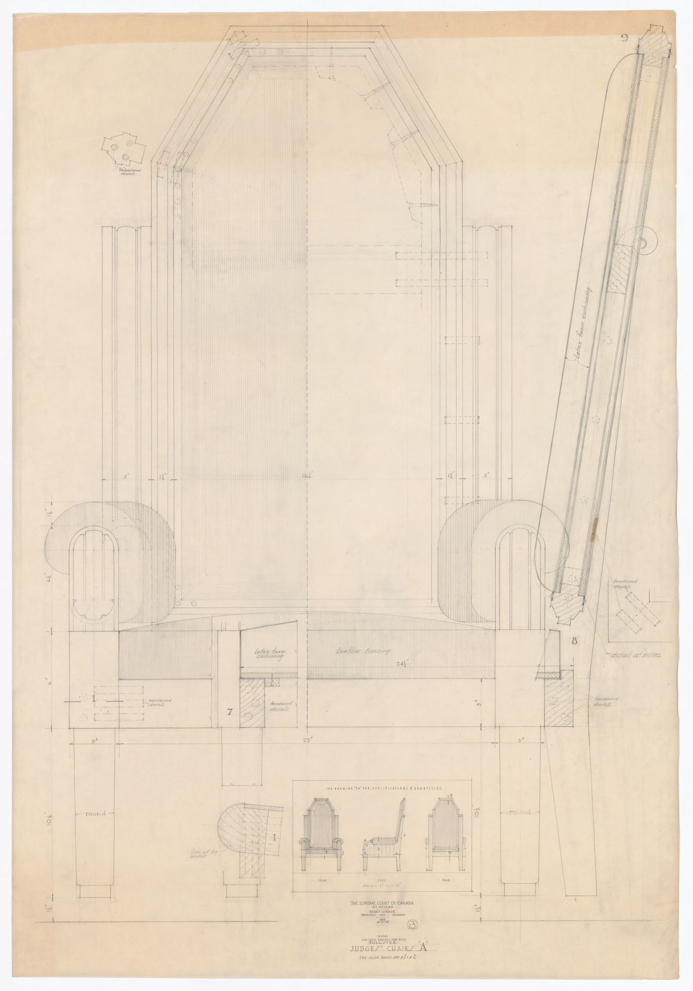 Élévations et détails des chaises de juges "A" pour Cour suprême du Canada, Ottawa, Ontario