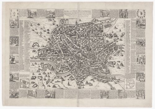 A reconstruction of ancient Rome, with the history of Rome told in vignettes around its border