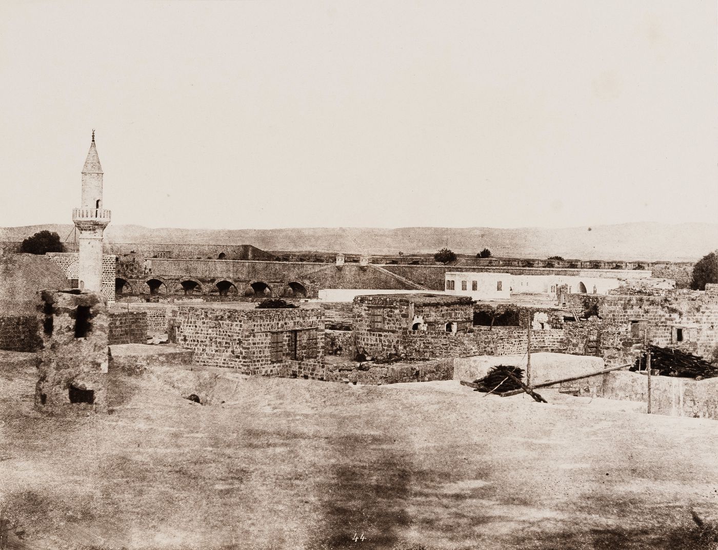 View of the French batteries with an aqueduct in the background, Acre, Ottoman Empire (now in Israel)