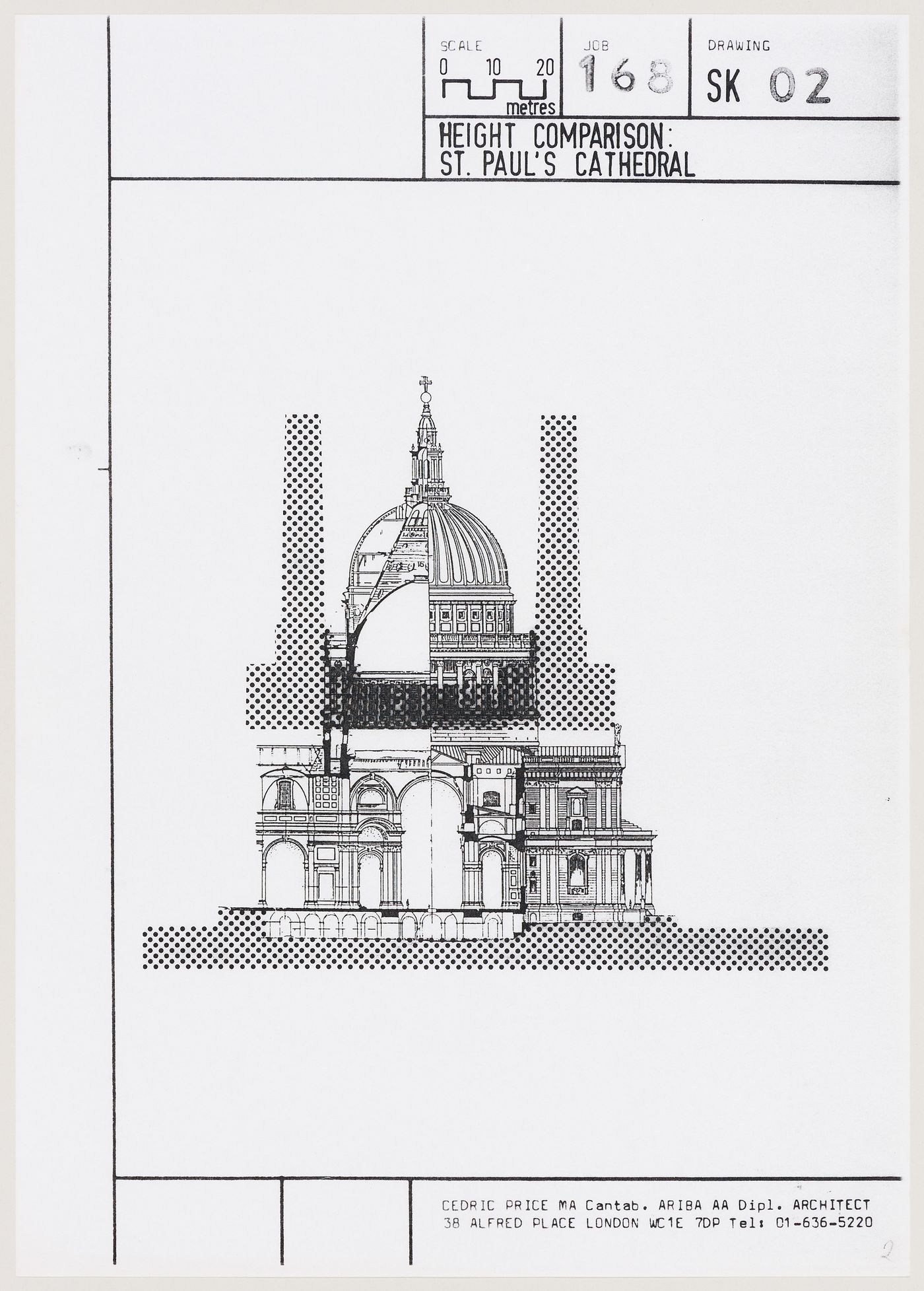 Bat Hat: Battersea Power Station Competition, entry by Cedric Price: comparison of the height of Battersea Power Station with that of St. Paul's Cathedral