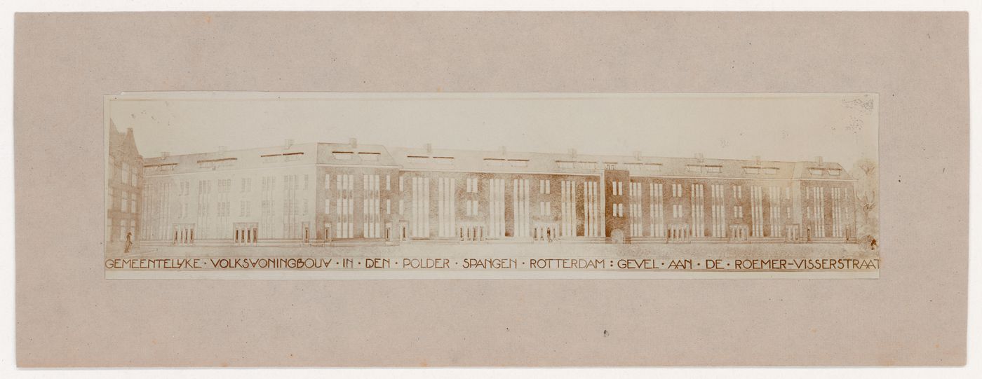 Photograph of a perspective drawing for block I of Spangen Housing Estate, Rotterdam, Netherlands