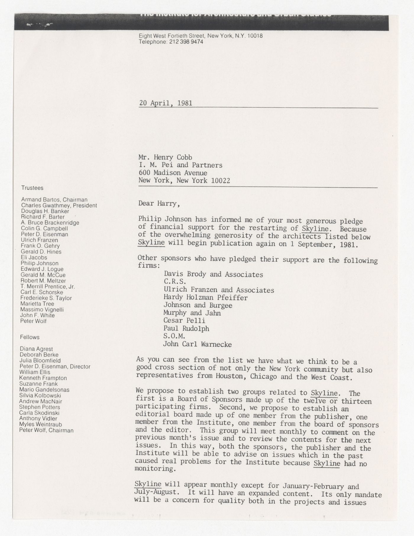 Letter from Peter D. Eisenman to Henry N. Cobb about sponsorship for Skyline