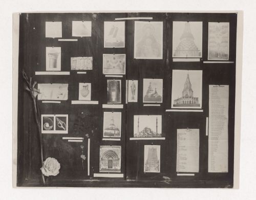 View of photographs and pages of text, pinned to presentation boards used for didactic purposes by the professors of the Basic Course at the Vkhutemas (Higher State Artistic Technical Studios) and the Vkhutein (Moscow Higher Technical Institute), Moscow