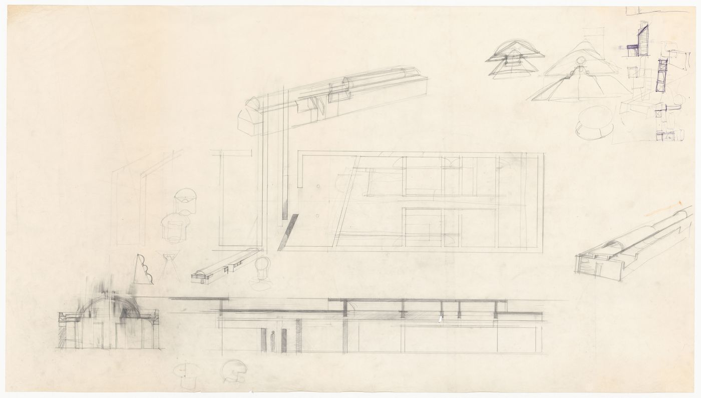 Section, elevation, plan, perspectives, and sketches for Casa Tabanelli, Stintino, Italy