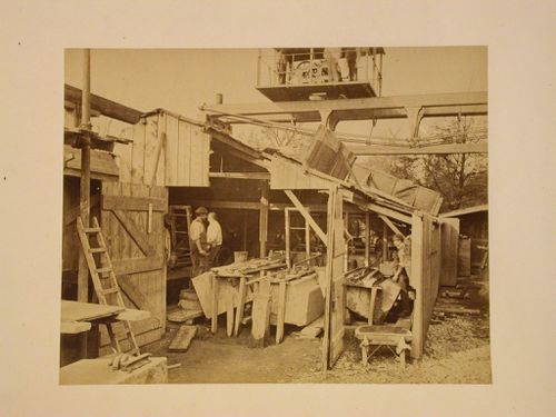 View of the Albert Memorial construction site showing a masonry [?] workshop, Hyde Park, London, England