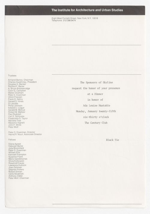 Invitation for Skyline dinner in honor of Ada Louise Huxtable at the Century Club