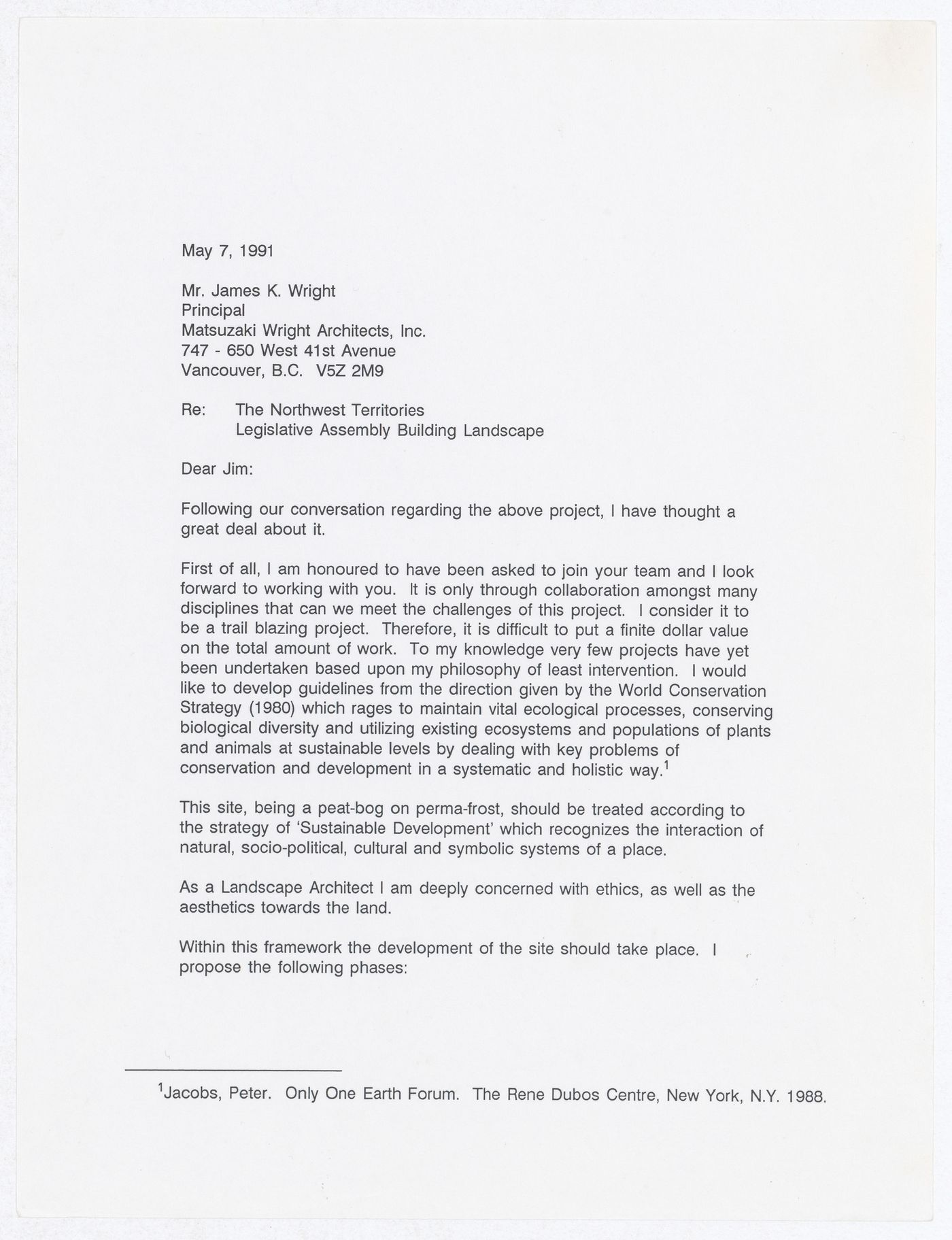 Letter from Cornelia Hahn Oberlander to James Wright regarding collaboration on Northwest Territories Legislative Assembly Building landscape, Yellowknife