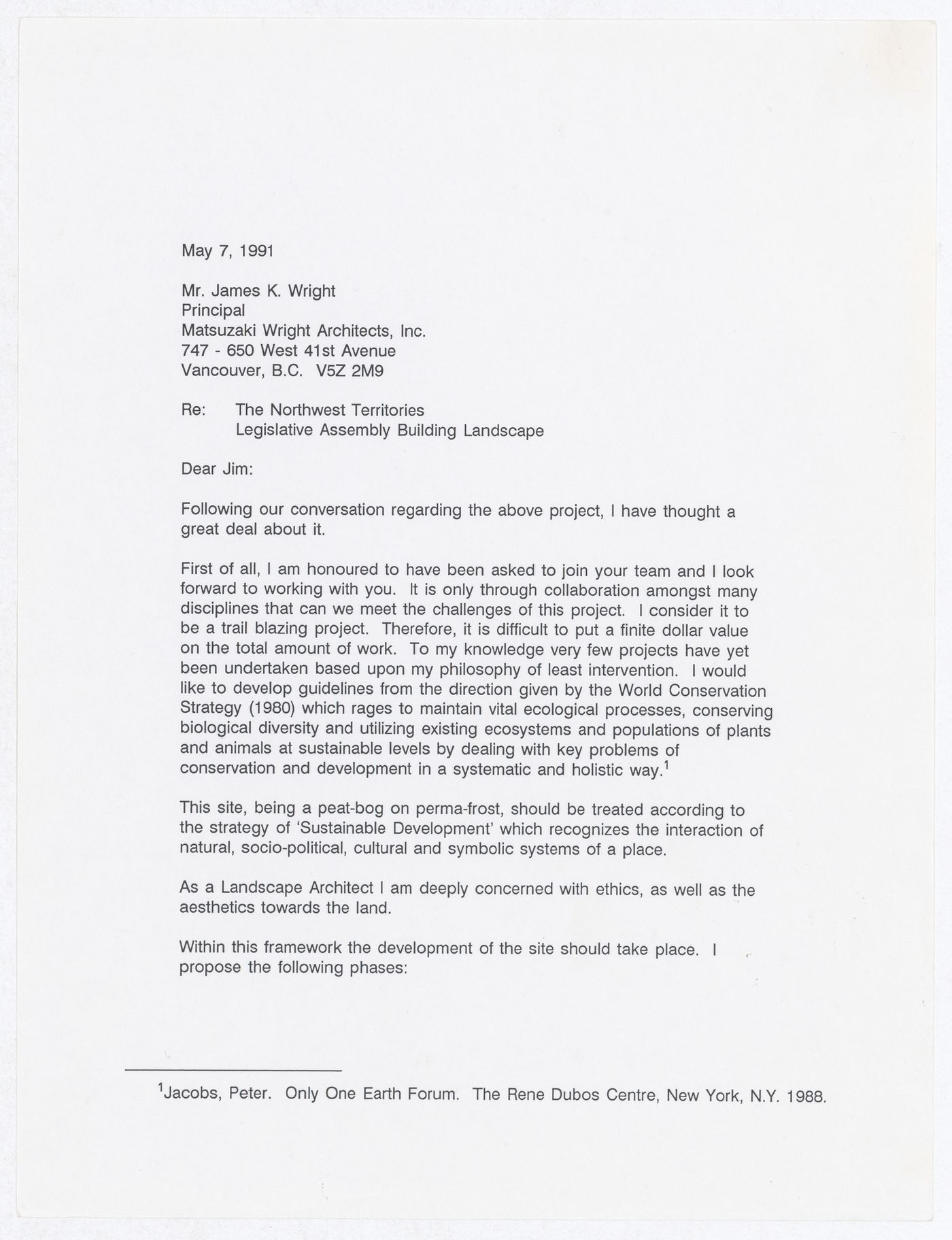 Letter from Cornelia Hahn Oberlander to James Wright regarding collaboration on Northwest Territories Legislative Assembly Building landscape, Yellowknife