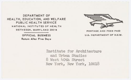 Postcard from Departement of Health, Education, and Welfare Public Health Service confirming receipt of IAUS grant application