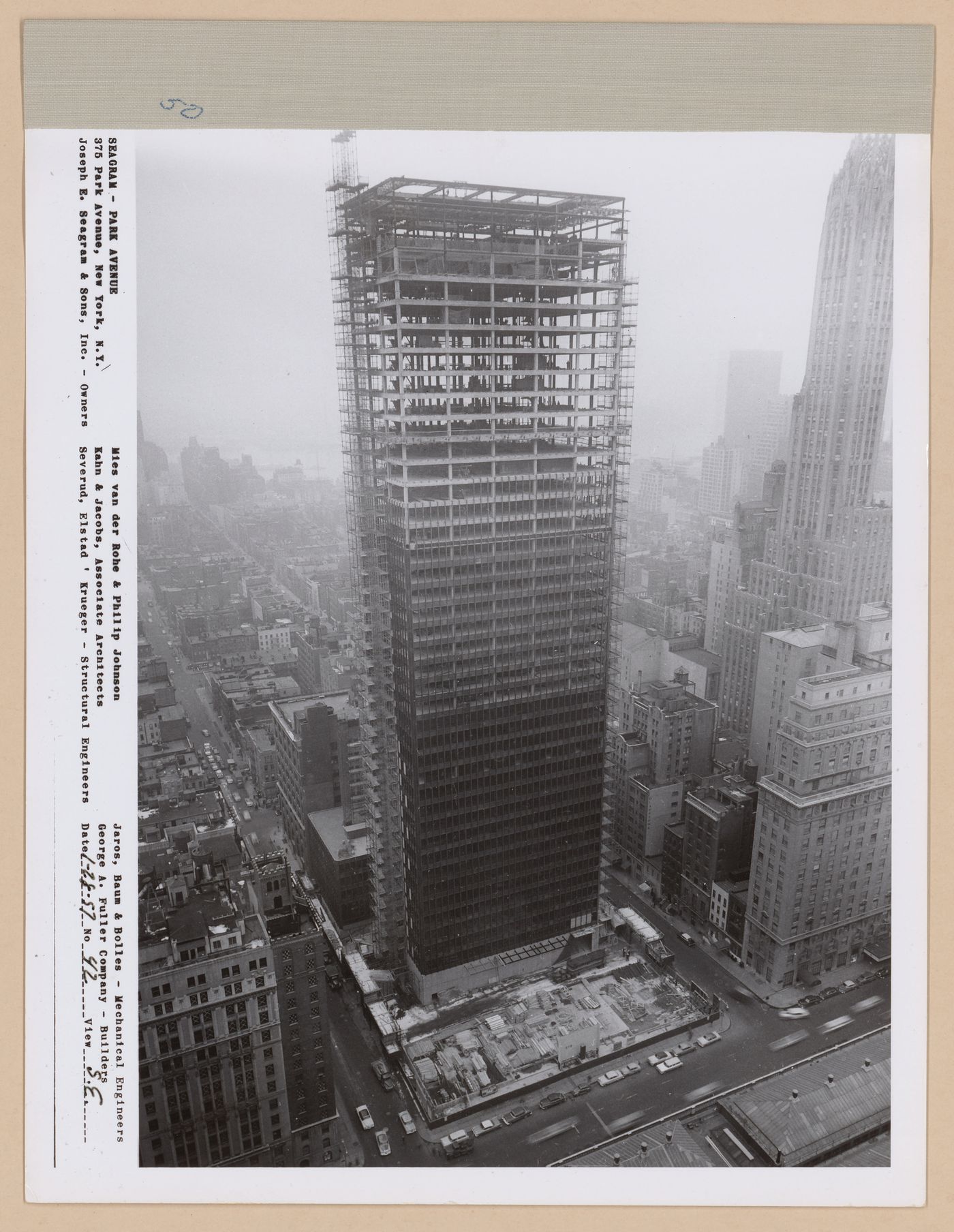 Seagram building under construction, 375 Park avenue, New York, N.Y., south-east view